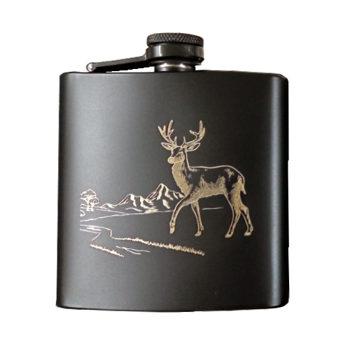 Jagd schwarzer Edelstahl- Flachmann / Flasche Hirsch-Gravur