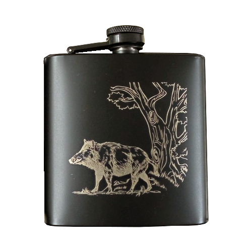 Jagd schwarzer Edelstahl- Flachmann mit Keiler Gravur